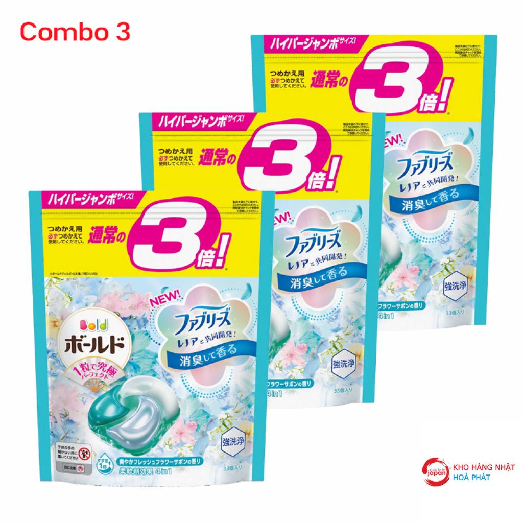 Combo 3 túi viên giặt & xả Bold (33 viên x 3) màu xanh