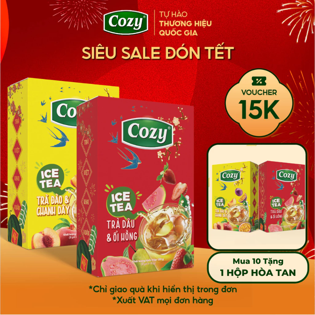 Trà Trái Cây Cozy Ice Tea Hộp Tết, Làm Giỏ Quà Tết, Trà Hòa Tan Đào, Chanh Dây, Dâu, Ổi Hồng Hộp 8 gói x 15gr