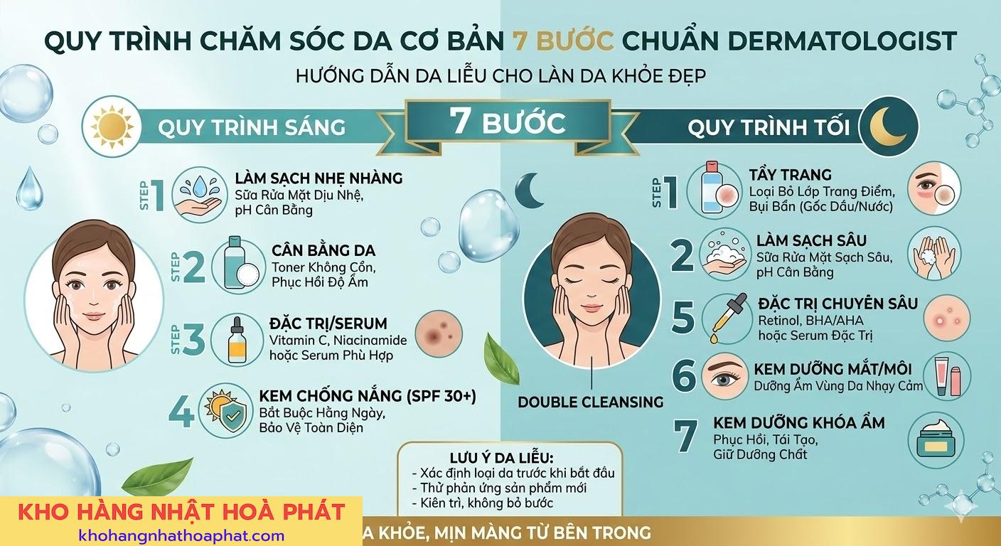Quy Trình Chăm Sóc Da Cơ Bản 7 Bước Chuẩn Dermatologist