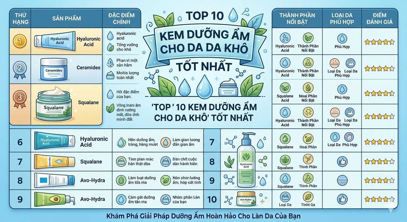 Top 10 Kem Dưỡng Ẩm Cho Da Khô Tốt Nhất Top 10 Kem Dưỡng Ẩm Cho Da Khô Tốt Nhất