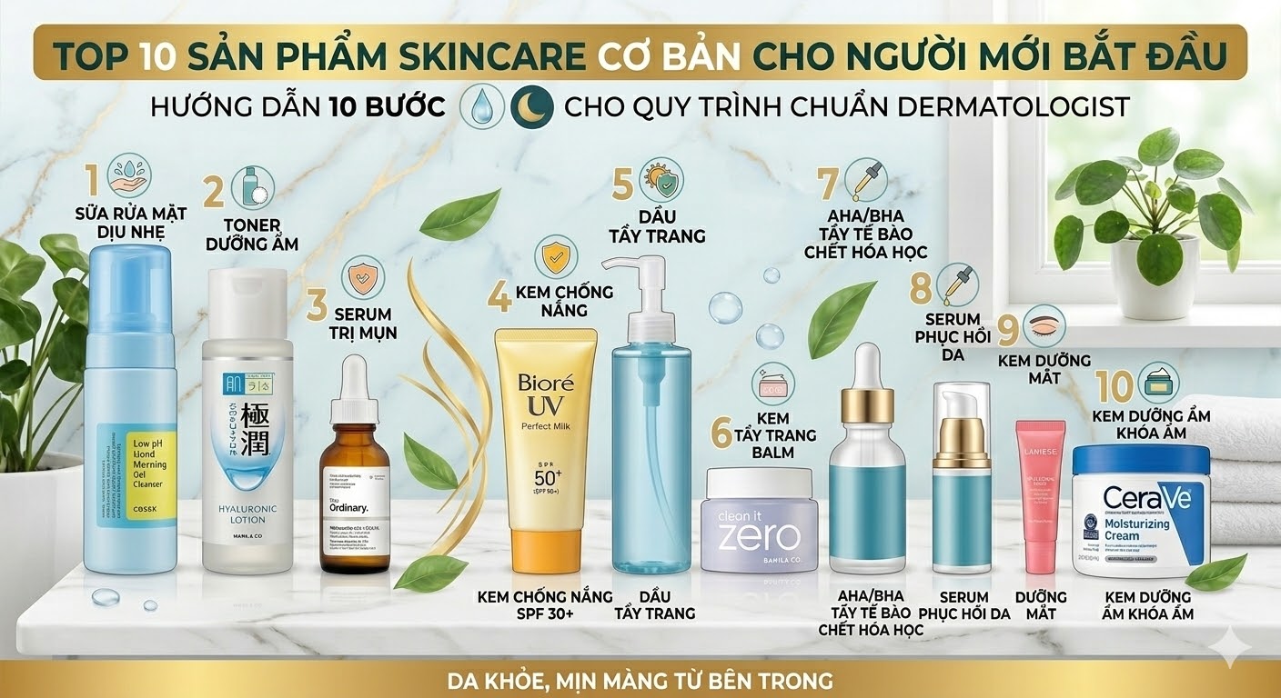 Skincare ngày càng trở thành thói quen quan trọng trong việc chăm sóc sức khỏe làn da. Tuy nhiên, với những người mới bắt đầu, việc lựa chọn sản phẩm phù hợp có thể khiến bạn cảm thấy bối rối vì thị trường có quá nhiều lựa chọn khác nhau. Nếu không hiểu rõ làn da của mình cần gì, bạn rất dễ mua phải những sản phẩm không phù hợp, gây lãng phí và thậm chí khiến da kích ứng.  Chính vì vậy, việc lựa chọn sản phẩm skincare cho người mới cần ưu tiên sự đơn giản, an toàn và hiệu quả. Một bộ skincare cơ bản không cần quá nhiều bước phức tạp nhưng vẫn đảm bảo cung cấp đầy đủ các dưỡng chất cần thiết cho làn da.  Trong bài viết này, chúng tôi sẽ giới thiệu Top 10 sản phẩm skincare cơ bản cho người mới bắt đầu, giúp bạn xây dựng routine chăm sóc da hiệu quả và khoa học ngay từ đầu.  Nếu bạn chưa hiểu rõ về nền tảng skincare, hãy tham khảo thêm bài viết chăm sóc da là gì tại đây: https://khohangnhathoaphat.com/cham-soc-da-la-gi-huong-dan-skincare-dung-cach-cho-nguoi-moi.html  Vì Sao Người Mới Nên Bắt Đầu Với Bộ Skincare Cơ Bản?  Nhiều người khi bắt đầu chăm sóc da thường có xu hướng mua rất nhiều sản phẩm cùng lúc. Tuy nhiên, các chuyên gia da liễu khuyên rằng bạn nên bắt đầu từ bộ skincare cơ bản trước khi bổ sung các bước nâng cao.  Một routine skincare đơn giản mang lại nhiều lợi ích như:  1. Giúp da thích nghi từ từ  Làn da cần thời gian để thích nghi với các hoạt chất dưỡng da. Nếu sử dụng quá nhiều sản phẩm cùng lúc, da có thể bị kích ứng hoặc nổi mụn.  2. Dễ dàng xác định sản phẩm phù hợp  Khi chỉ sử dụng vài sản phẩm cơ bản, bạn có thể dễ dàng nhận biết sản phẩm nào phù hợp hoặc gây kích ứng.  3. Tiết kiệm chi phí  Một bộ skincare cơ bản thường chỉ cần:  Sữa rửa mặt  Serum  Kem dưỡng  Mặt nạ  Kem chống nắng  Điều này giúp bạn tiết kiệm đáng kể chi phí mà vẫn đảm bảo chăm sóc da hiệu quả.  Ngoài ra, để hiểu rõ thứ tự sử dụng sản phẩm, bạn nên tham khảo quy trình skincare chuẩn tại đây: https://khohangnhathoaphat.com/quy-trinh-cham-soc-da-co-ban-7-buoc-chuan-dermatologist.html  Tiêu Chí Chọn Sản Phẩm Skincare Cho Người Mới  Không phải sản phẩm nào cũng phù hợp với người mới bắt đầu. Khi chọn sản phẩm skincare cho người mới, bạn nên ưu tiên các tiêu chí sau.  Thành phần an toàn  Các sản phẩm nên có:  Thành phần dịu nhẹ  Ít hương liệu  Không chứa cồn mạnh  Phù hợp với loại da  Trước khi mua skincare, bạn cần xác định loại da của mình:  Da dầu  Da khô  Da hỗn hợp  Da nhạy cảm  Việc chọn sản phẩm đúng loại da sẽ giúp skincare đạt hiệu quả tốt hơn.  Thương hiệu uy tín  Nên lựa chọn sản phẩm từ thương hiệu có nguồn gốc rõ ràng và được đánh giá tốt trên thị trường.  Top 10 Sản Phẩm Skincare Cơ Bản Cho Người Mới Bắt Đầu  Dưới đây là danh sách 10 sản phẩm skincare cơ bản phù hợp với người mới bắt đầu.  1. Sữa Rửa Mặt Seefair Dưỡng Sáng Da  Link sản phẩm: https://s.shopee.vn/9fFwDcg2BL  Sữa rửa mặt là bước quan trọng nhất trong bộ skincare cơ bản. Một sản phẩm rửa mặt tốt sẽ giúp loại bỏ bụi bẩn, dầu thừa và tạp chất trên da.  Sữa rửa mặt Seefair nổi bật với các công dụng:  Làm sạch sâu lỗ chân lông  Hỗ trợ dưỡng sáng da  Giảm thâm và tàn nhang  Giữ độ ẩm tự nhiên cho da  Sản phẩm phù hợp với:  Người mới bắt đầu skincare  Da xỉn màu  Da cần dưỡng sáng nhẹ nhàng  Với công thức dịu nhẹ, đây là lựa chọn phù hợp cho những ai đang tìm kiếm sản phẩm skincare cho người mới.  2. Serum Vivant Mandelic Acid 8%  Link sản phẩm: https://s.shopee.vn/5VQNFyZM8v  Serum là bước dưỡng chuyên sâu giúp cải thiện các vấn đề da như mụn, thâm hay lão hóa.  Serum Vivant Mandelic Acid 8% được nhiều người đánh giá cao nhờ khả năng:  Giảm mụn hiệu quả  Làm mờ vết thâm  Hỗ trợ chống lão hóa  Cải thiện kết cấu da  Mandelic Acid là một loại AHA dịu nhẹ nên phù hợp với người mới bắt đầu sử dụng acid trong skincare.  Ưu điểm nổi bật:  Ít gây kích ứng  Thẩm thấu nhanh  Phù hợp nhiều loại da  Đây là sản phẩm đáng cân nhắc trong bộ skincare cơ bản dành cho người mới.  3. Mặt Nạ Vitamin C LANBENA  Link sản phẩm: https://s.shopee.vn/6fcKe881yy  Mặt nạ dưỡng da là bước bổ sung dưỡng chất giúp da phục hồi nhanh hơn.  Mặt nạ LANBENA Vitamin C mang lại nhiều lợi ích như:  Dưỡng ẩm sâu  Làm sáng da  Giảm nếp nhăn  Nuôi dưỡng và phục hồi da  Vitamin C là thành phần nổi tiếng trong skincare với khả năng:  Làm đều màu da  Tăng độ sáng  Chống oxy hóa  Đối với người mới bắt đầu, sử dụng mặt nạ 2–3 lần mỗi tuần là đủ để cải thiện làn da.  4. Toner Cấp Ẩm Dịu Nhẹ  Toner giúp cân bằng độ pH và chuẩn bị da cho các bước dưỡng tiếp theo.  Một toner tốt nên có các thành phần như:  Hyaluronic Acid  Glycerin  Chiết xuất thiên nhiên  Công dụng của toner gồm:  Cân bằng độ ẩm  Làm dịu da  Se khít lỗ chân lông  Toner là bước không thể thiếu trong bộ skincare cơ bản.  5. Serum Hyaluronic Acid Cấp Ẩm  Serum HA giúp cung cấp độ ẩm sâu cho da và giữ nước trong da hiệu quả.  Công dụng chính:  Dưỡng ẩm mạnh  Giúp da căng mọng  Giảm tình trạng khô da  Serum cấp ẩm là sản phẩm rất phù hợp với sản phẩm skincare cho người mới.  6. Kem Dưỡng Ẩm Cho Da Mặt  Kem dưỡng giúp khóa ẩm và bảo vệ hàng rào tự nhiên của da.  Một số lợi ích của kem dưỡng:  Giữ nước trong da  Tăng độ mềm mại  Bảo vệ da khỏi tác nhân môi trường  Người mới nên chọn:  Gel cream nhẹ  Lotion dưỡng ẩm dịu nhẹ  7. Kem Chống Nắng Hàng Ngày  Kem chống nắng là sản phẩm quan trọng nhất trong skincare.  Tia UV có thể gây ra:  Lão hóa da  Nám và tàn nhang  Ung thư da  Một kem chống nắng tốt nên có:  SPF từ 30 trở lên  PA+++  Kết cấu nhẹ  8. Tẩy Trang Dịu Nhẹ  Ngay cả khi không trang điểm, bạn vẫn nên sử dụng tẩy trang.  Tẩy trang giúp loại bỏ:  Kem chống nắng  Bụi bẩn  Dầu thừa  Điều này giúp da sạch sâu và hạn chế bít tắc lỗ chân lông.  9. Tẩy Tế Bào Chết Cho Da  Tẩy tế bào chết giúp loại bỏ lớp da chết trên bề mặt.  Lợi ích gồm:  Làm sáng da  Giúp dưỡng chất hấp thụ tốt hơn  Cải thiện kết cấu da  Người mới chỉ nên sử dụng 1–2 lần mỗi tuần.  10. Xịt Khoáng Dưỡng Ẩm  Xịt khoáng giúp cấp nước nhanh chóng cho da.  Công dụng:  Làm dịu da  Cấp ẩm tức thì  Giữ lớp makeup lâu hơn  Đây là sản phẩm bổ sung hữu ích trong routine skincare.  Người Mới Bắt Đầu Nên Xây Dựng Routine Skincare Như Thế Nào?  Đối với người mới, bạn chỉ cần một routine đơn giản gồm:  Buổi sáng  Sữa rửa mặt  Toner  Serum  Kem dưỡng  Kem chống nắng  Buổi tối  Tẩy trang  Sữa rửa mặt  Toner  Serum  Kem dưỡng  Routine này giúp làn da được chăm sóc đầy đủ mà không gây quá tải.  Kết Luận  Việc lựa chọn sản phẩm skincare cho người mới không cần quá phức tạp. Một bộ skincare cơ bản chỉ cần những sản phẩm thiết yếu như sữa rửa mặt, toner, serum, kem dưỡng và kem chống nắng là đủ để chăm sóc làn da hiệu quả.  Danh sách Top 10 sản phẩm skincare cơ bản cho người mới bắt đầu trong bài viết này sẽ giúp bạn dễ dàng xây dựng routine phù hợp, đặc biệt nếu bạn mới làm quen với skincare.  Điều quan trọng nhất khi chăm sóc da là:  Kiên trì sử dụng sản phẩm  Lựa chọn sản phẩm phù hợp với loại da  Thực hiện đúng thứ tự skincare  Ngoài ra, bạn cũng nên kết hợp chế độ sinh hoạt lành mạnh, uống đủ nước và ngủ đủ giấc để làn da luôn khỏe mạnh từ bên trong.  Skincare không chỉ là thói quen làm đẹp mà còn là cách chăm sóc sức khỏe lâu dài cho làn da. Khi bắt đầu với bộ skincare cơ bản phù hợp, bạn sẽ dần cảm nhận được sự thay đổi tích cực của làn da theo thời gian.